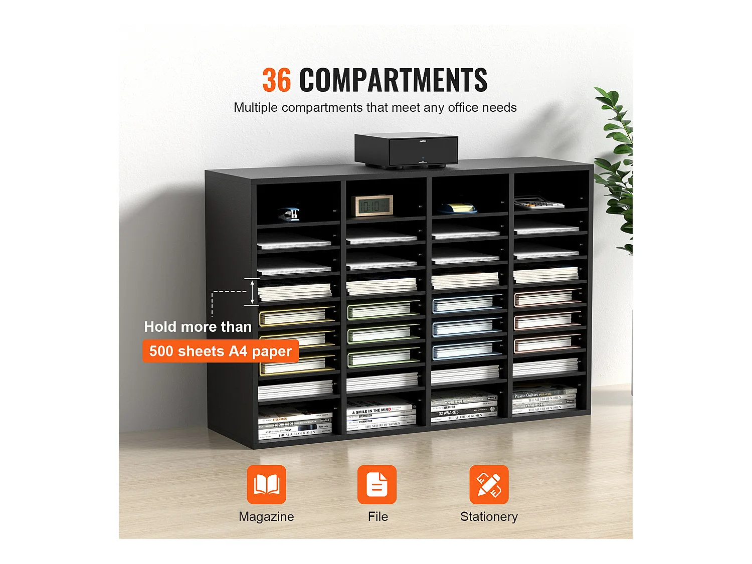 Organiseur de Bureau, SucceBuy Organiseur de Documents en Bois, 36 Compartiments, Trieur de Dossiers Réglable, Noir