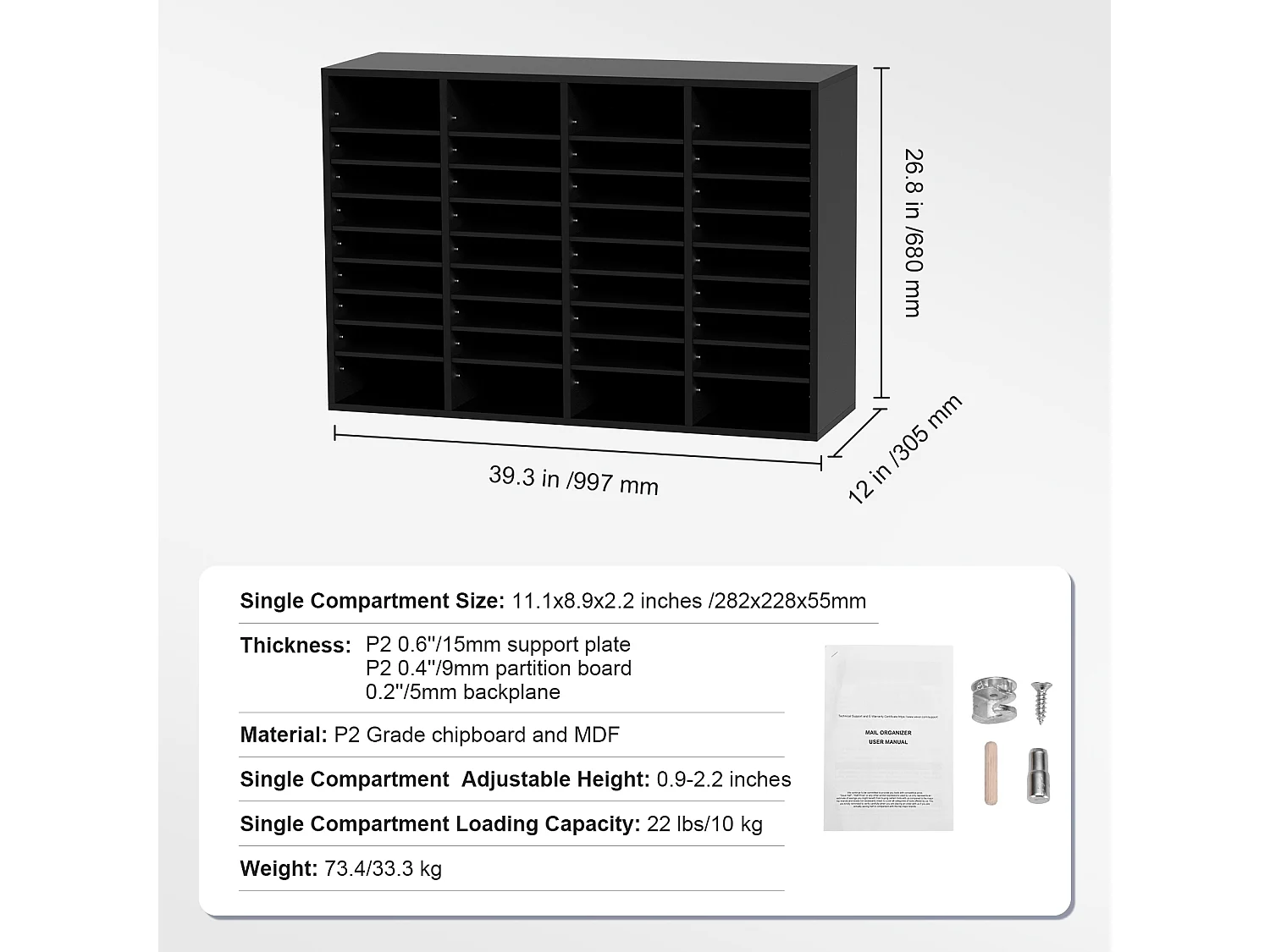 Organiseur de Bureau, SucceBuy Organiseur de Documents en Bois, 36 Compartiments, Trieur de Dossiers Réglable, Noir