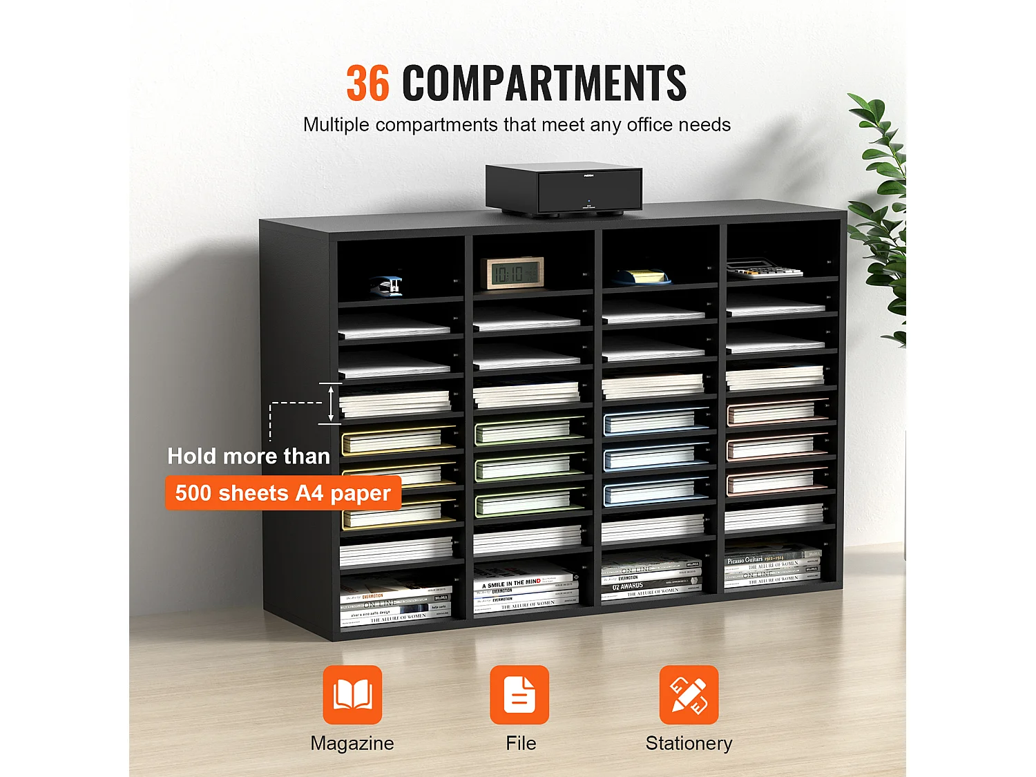 Organiseur de Bureau, SucceBuy Organiseur de Documents en Bois, 36 Compartiments, Trieur de Dossiers Réglable, Noir