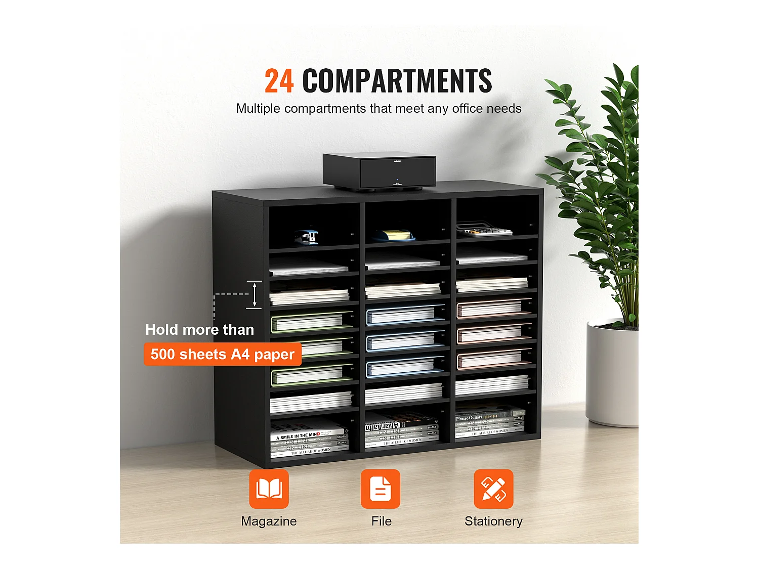 Organiseur de Bureau, SucceBuy Organiseur de Documents en Bois Trieur de Dossiers Réglable 24 Compartiments Noir