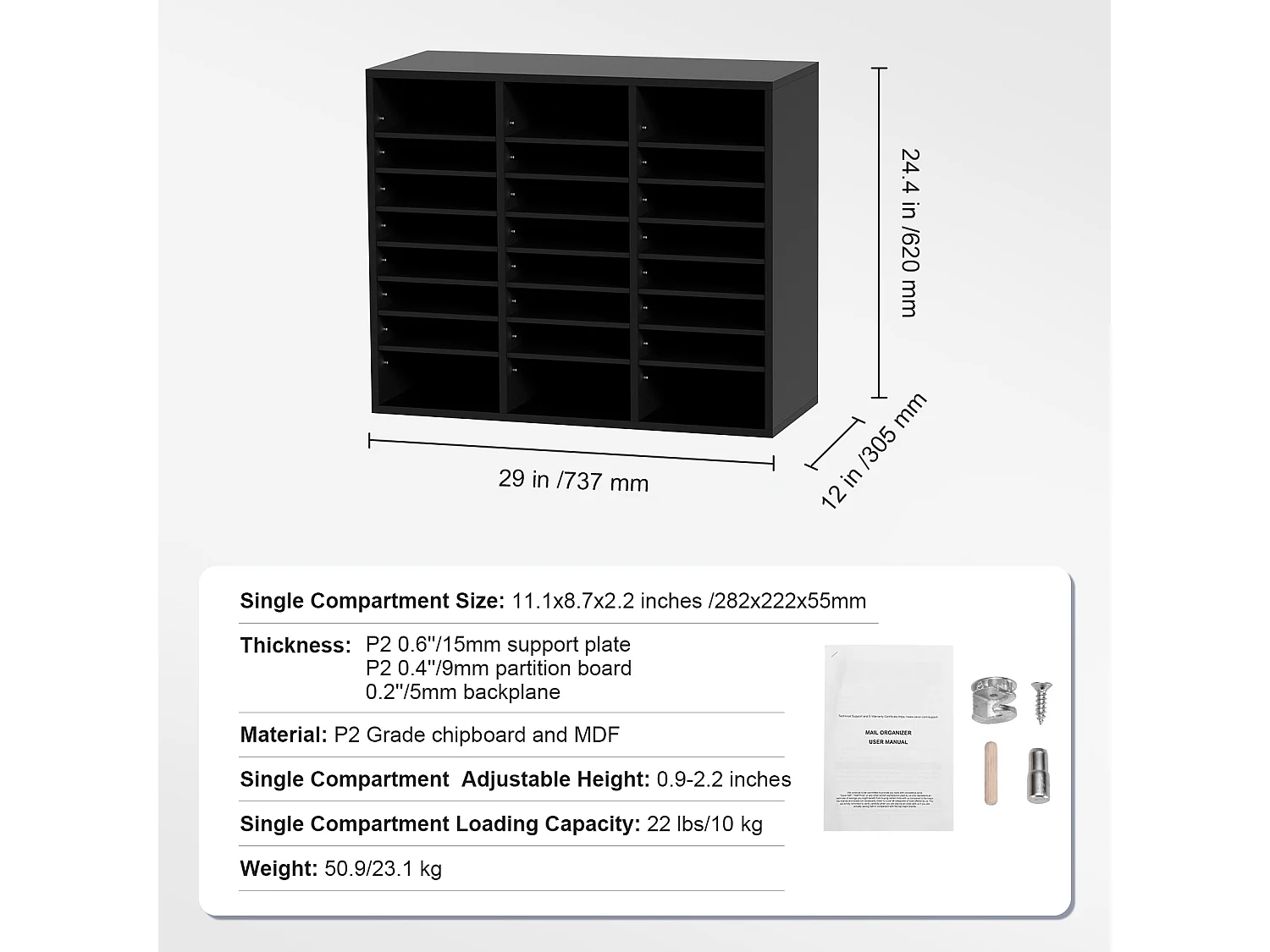 Organiseur de Bureau, SucceBuy Organiseur de Documents en Bois Trieur de Dossiers Réglable 24 Compartiments Noir