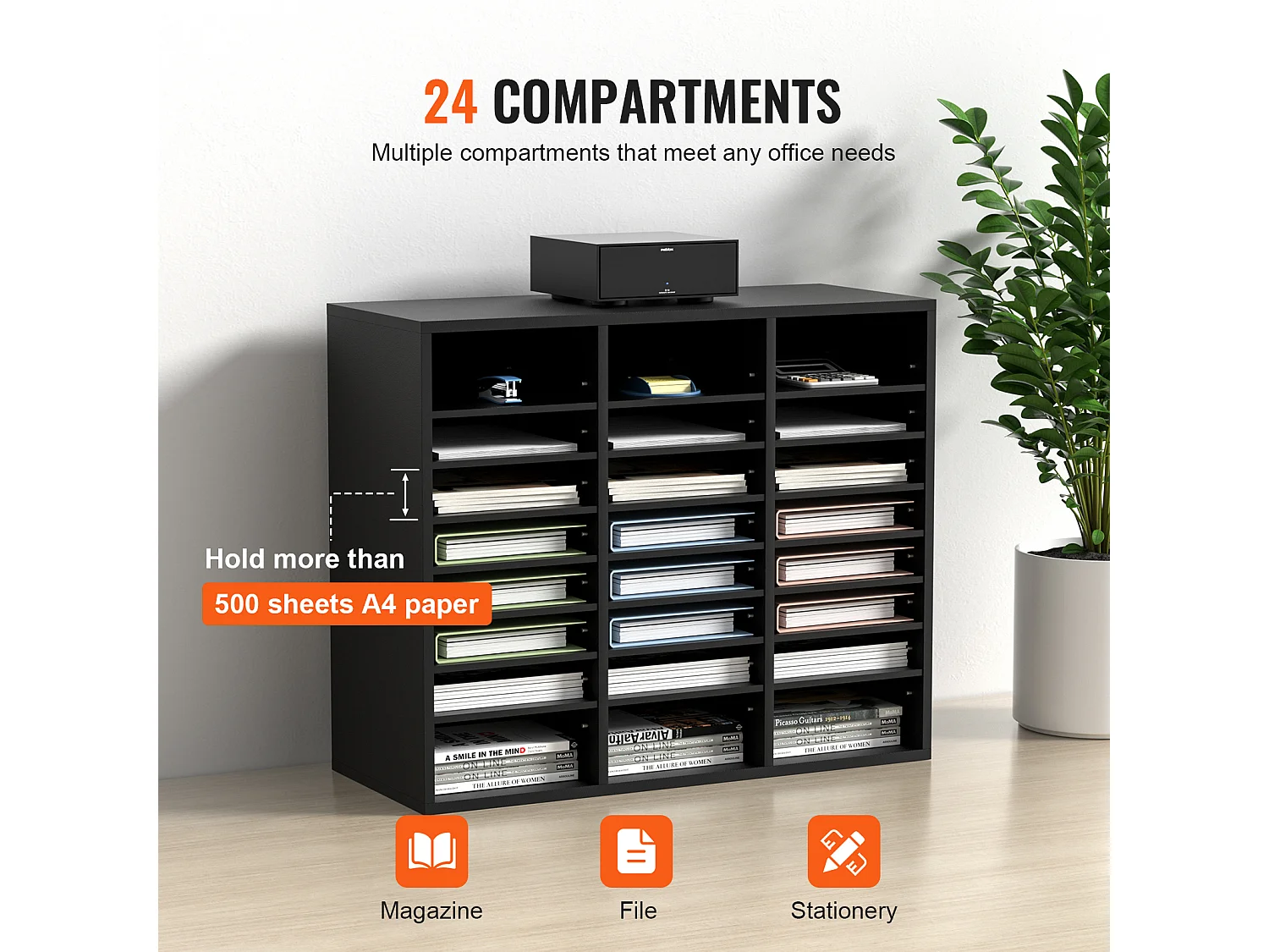 Organiseur de Bureau, SucceBuy Organiseur de Documents en Bois Trieur de Dossiers Réglable 24 Compartiments Noir