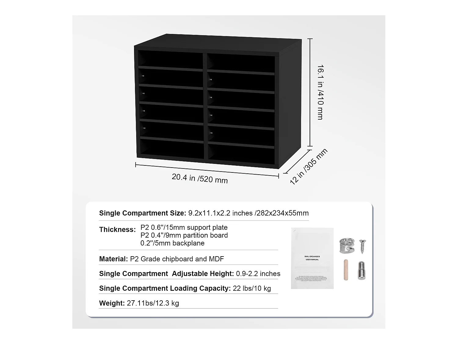 Organiseur de Bureau, SucceBuy Organiseur de Documents en Bois 12 Compartiments Réglables Noir