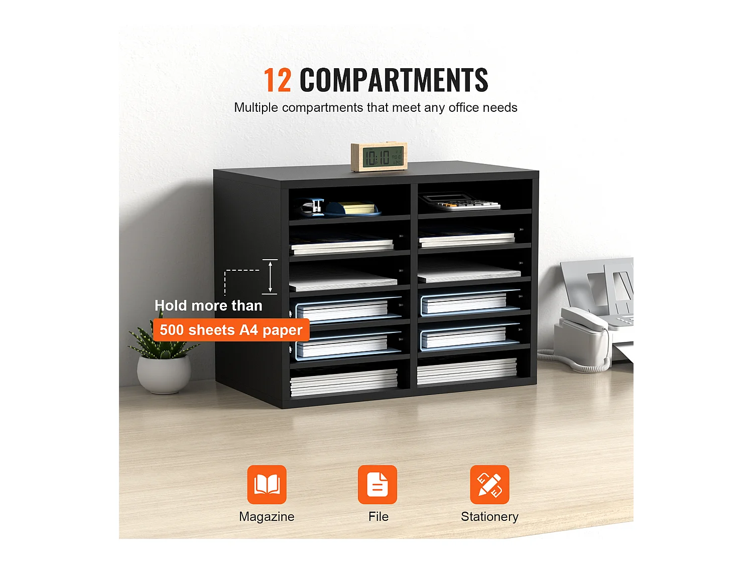 Organiseur de Bureau, SucceBuy Organiseur de Documents en Bois 12 Compartiments Réglables Noir