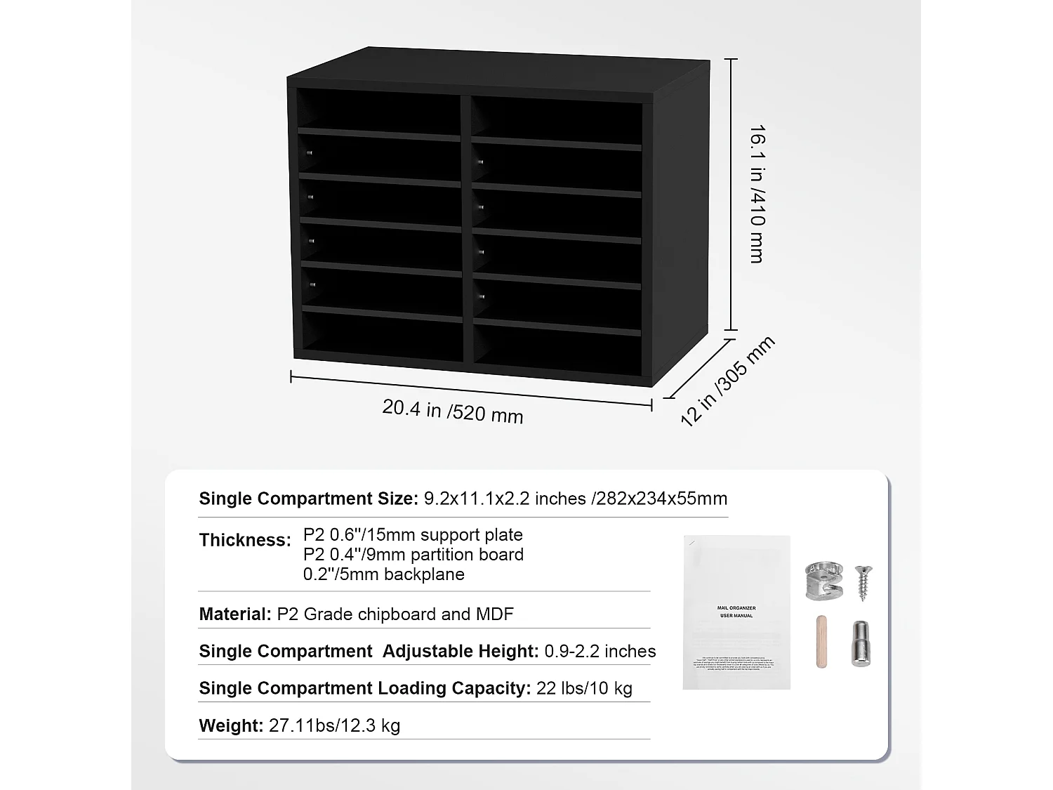 Organiseur de Bureau, SucceBuy Organiseur de Documents en Bois 12 Compartiments Réglables Noir