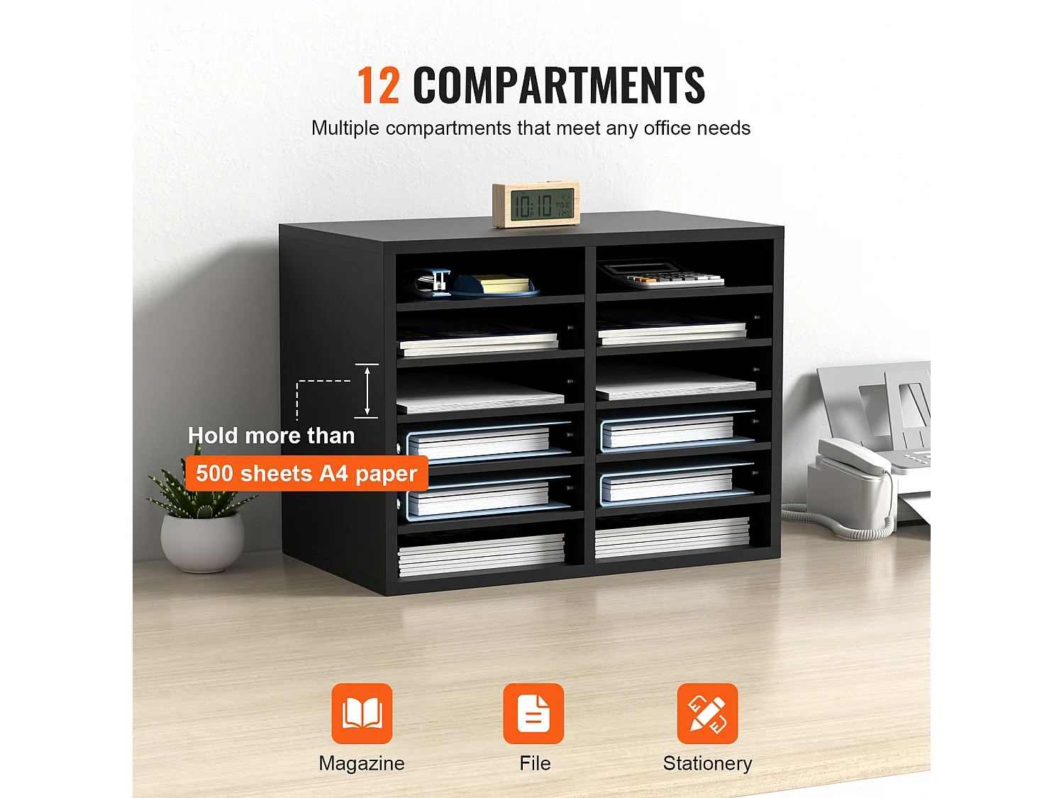 Organiseur de Bureau, SucceBuy Organiseur de Documents en Bois 12 Compartiments Réglables Noir