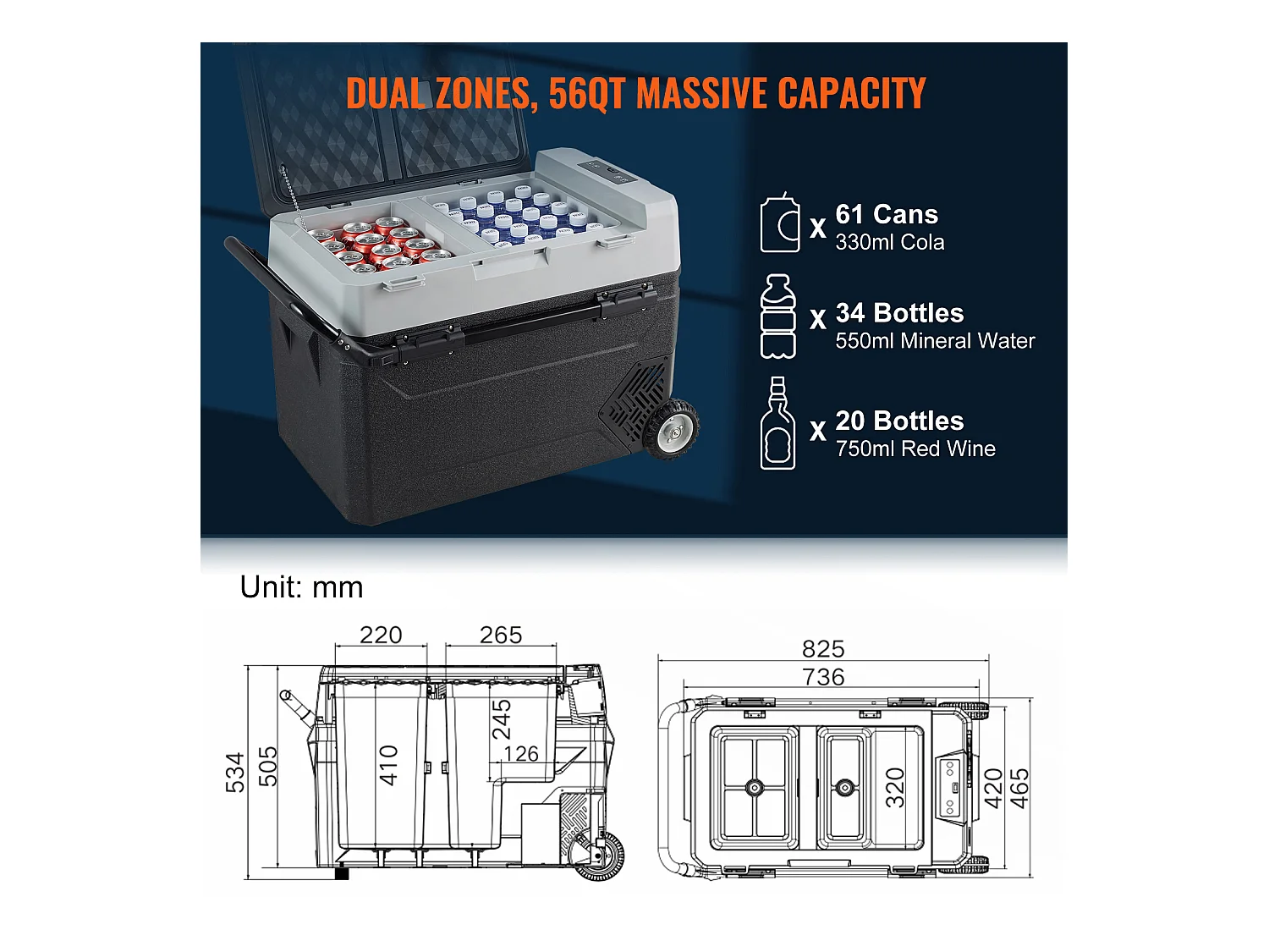 Autokoelkast SucceBuy 53L Draagbare Autokoelkast met Vriezer, Compressor met Twee Zones