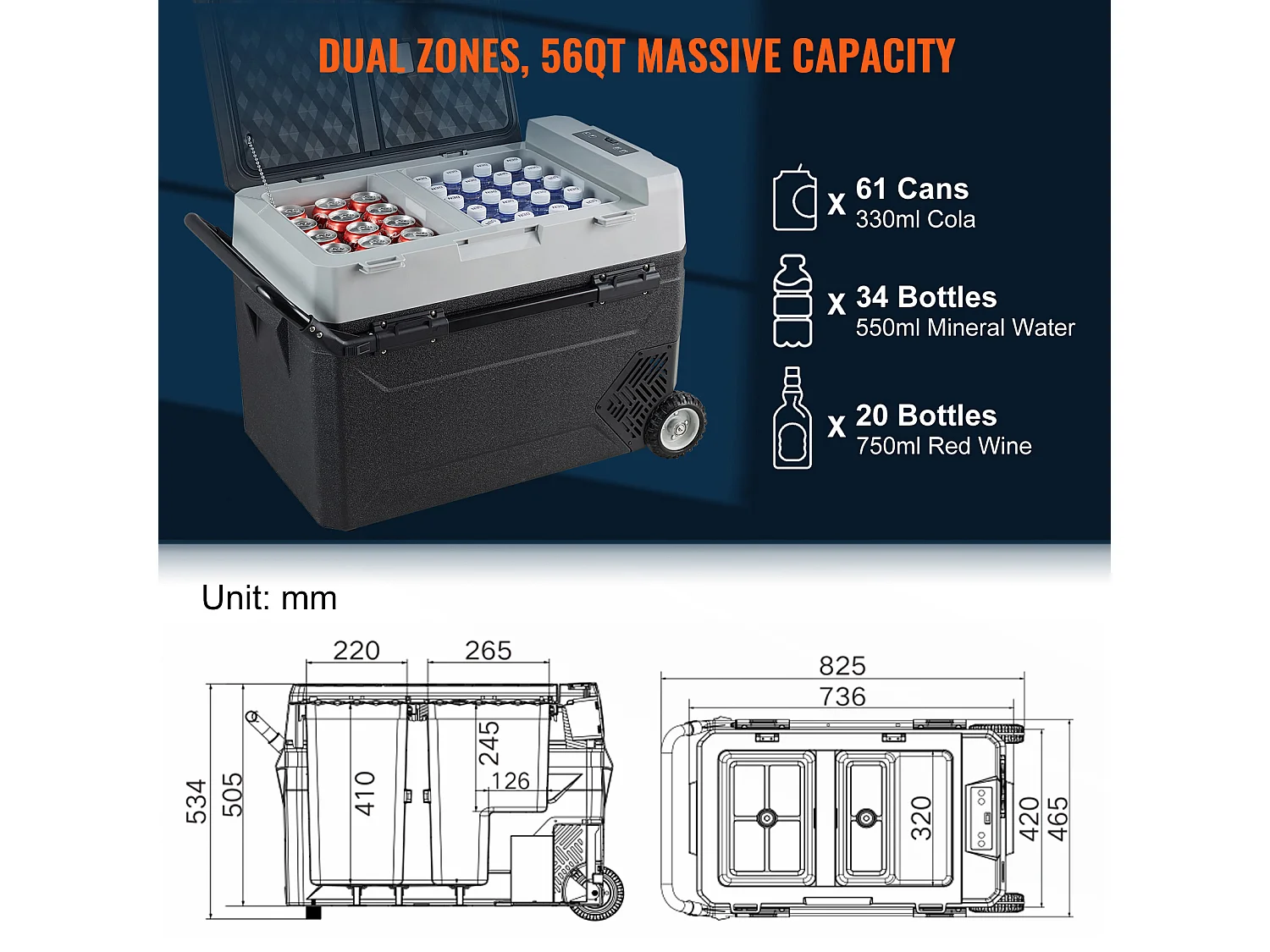 Lodówka Samochodowa SucceBuy 53L Przenośna Lodówka Samochodowa z Zamrażarką, Kompresor Dwustrefowy