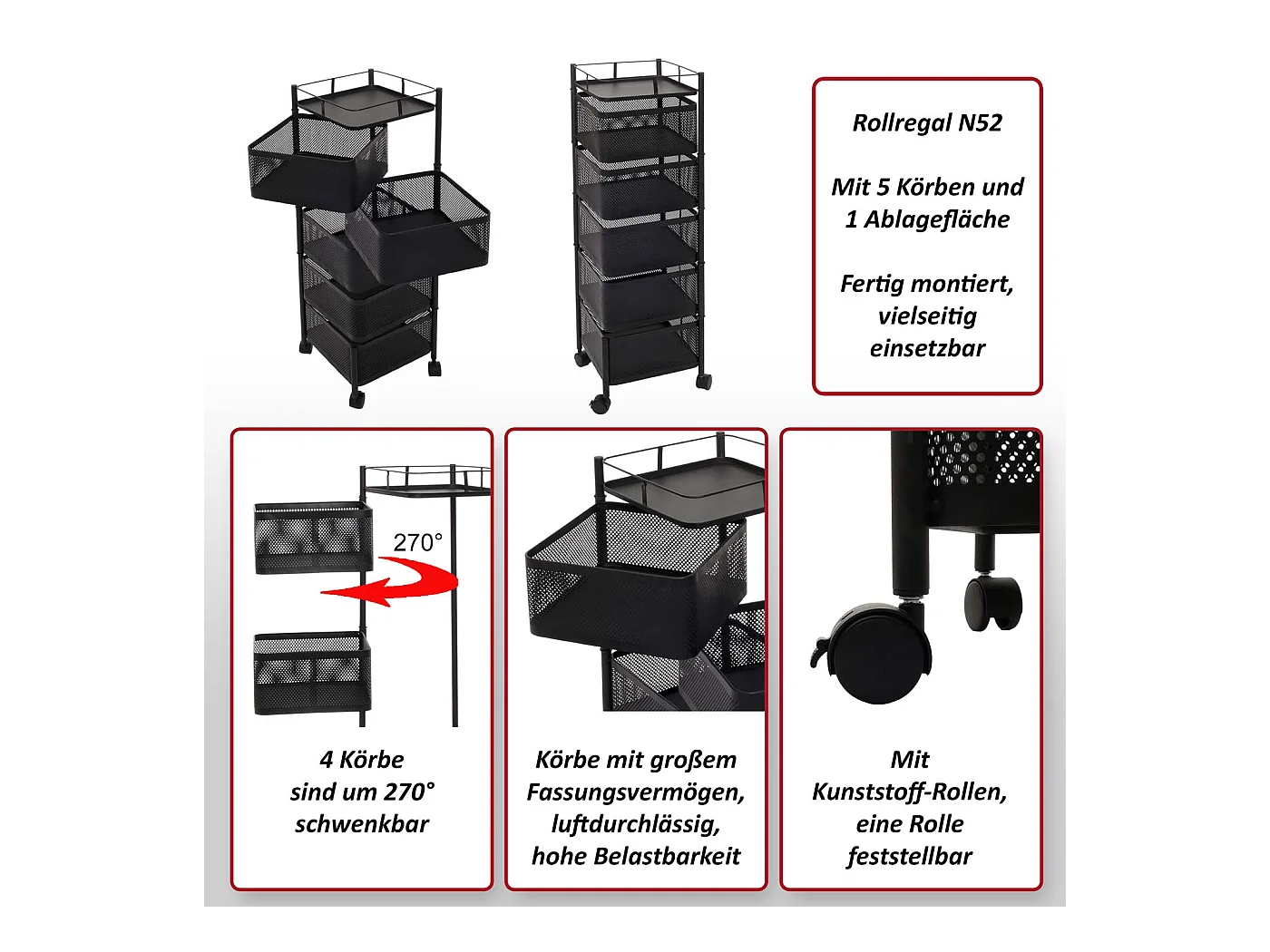 Étagère roulante MCW-N52,  noir