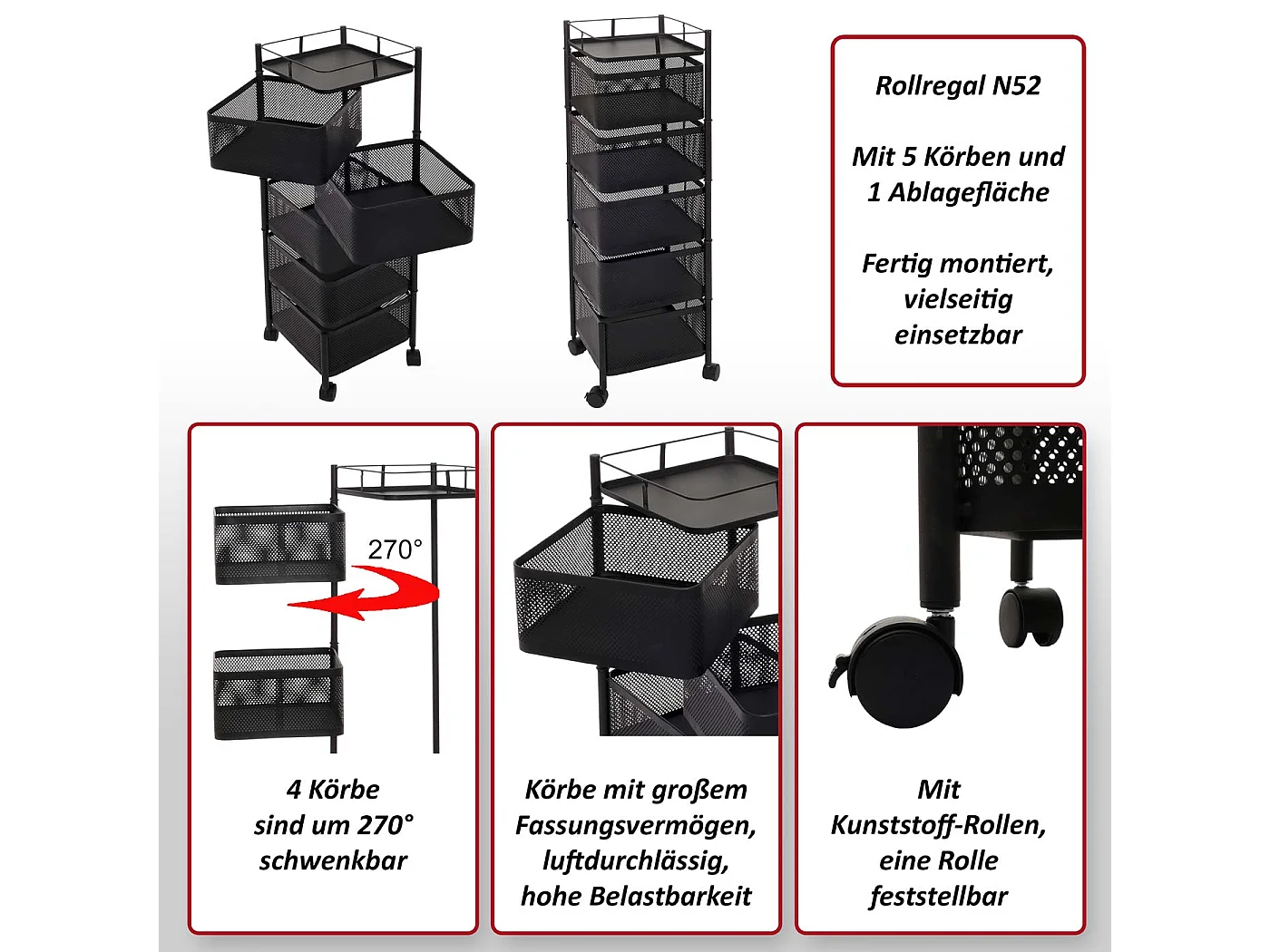 Étagère roulante MCW-N52,  noir