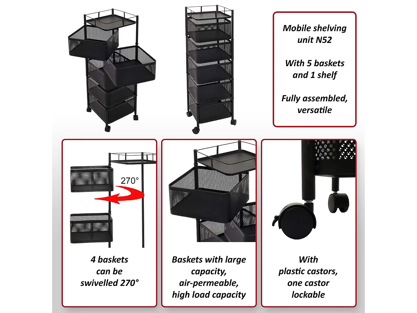 Étagère roulante MCW-N52,  noir