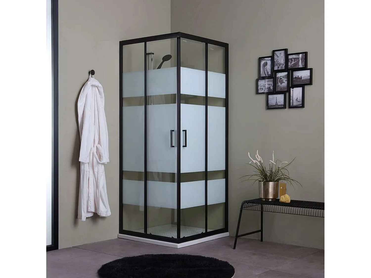 Box doccia da bagno moderno "Cielo" scorrevole serigrafato con profilo nero opaco cm 90x70 190h