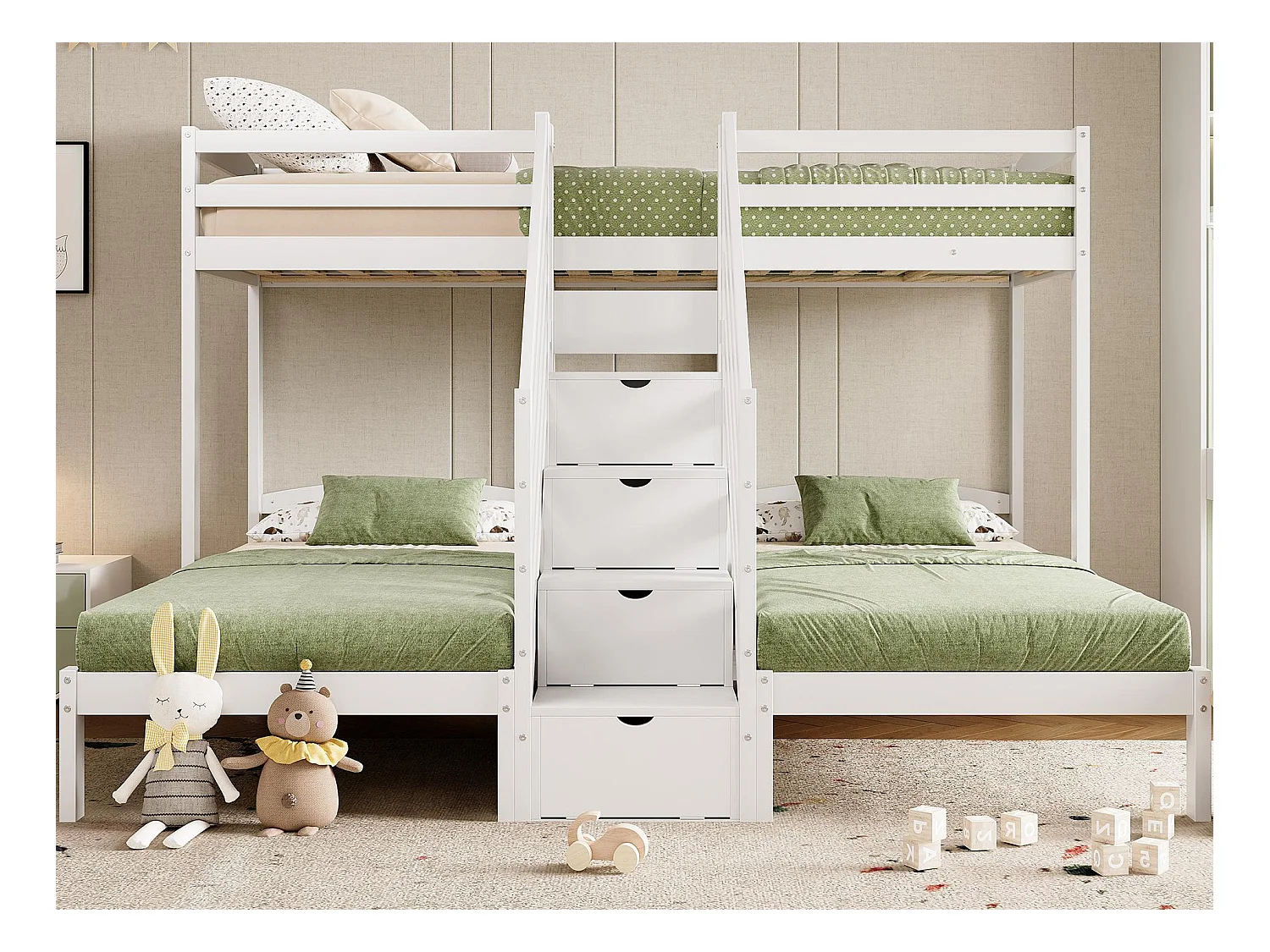 Łóżko piętrowe 90x200 cm - 3 miejsca do spania - schody z miejscem do przechowywania - z 4 szufladami - z barierką - biały