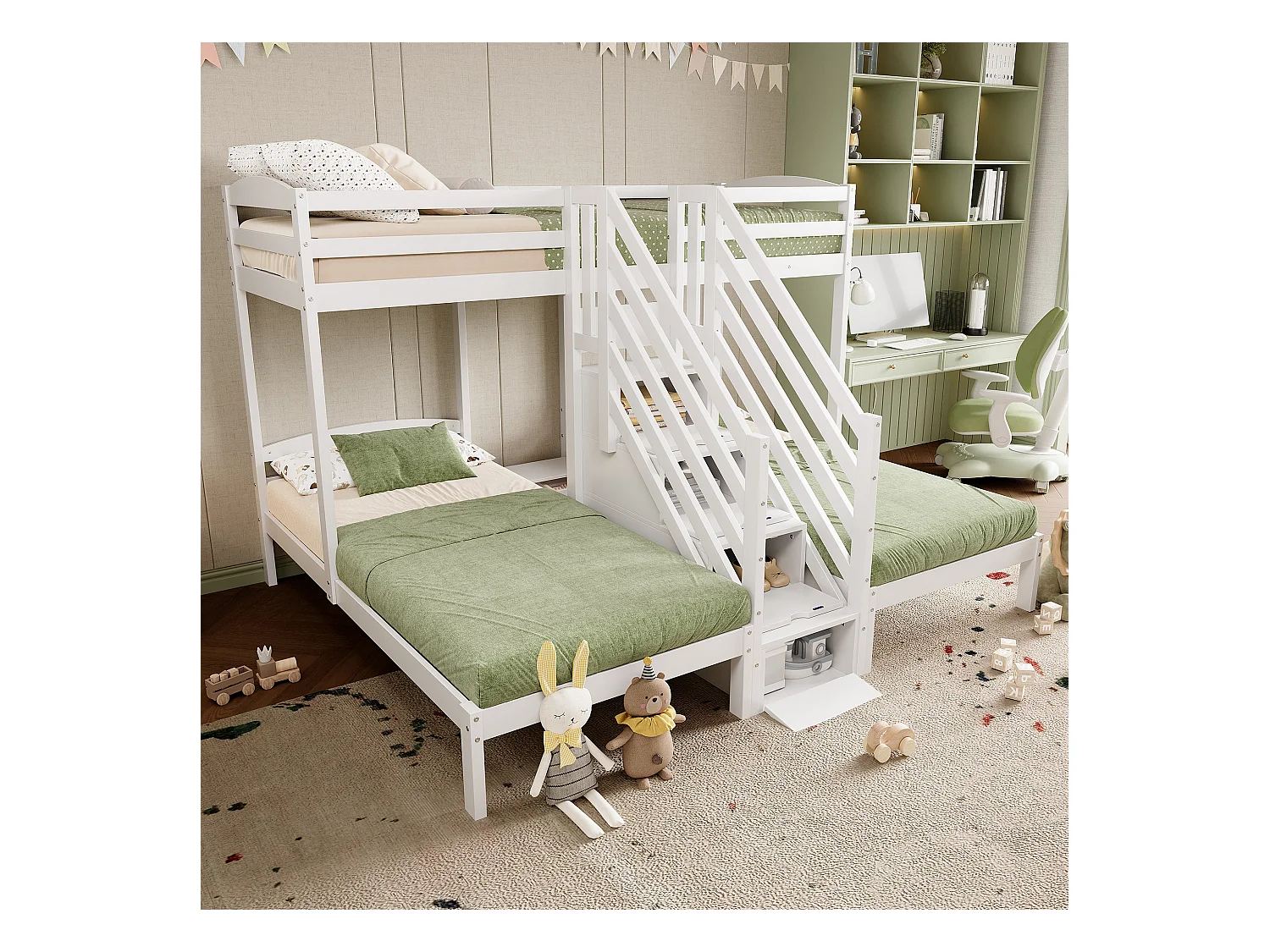 Łóżko piętrowe 90x200 cm - 3 miejsca do spania - schody z miejscem do przechowywania - z 4 szufladami - z barierką - biały