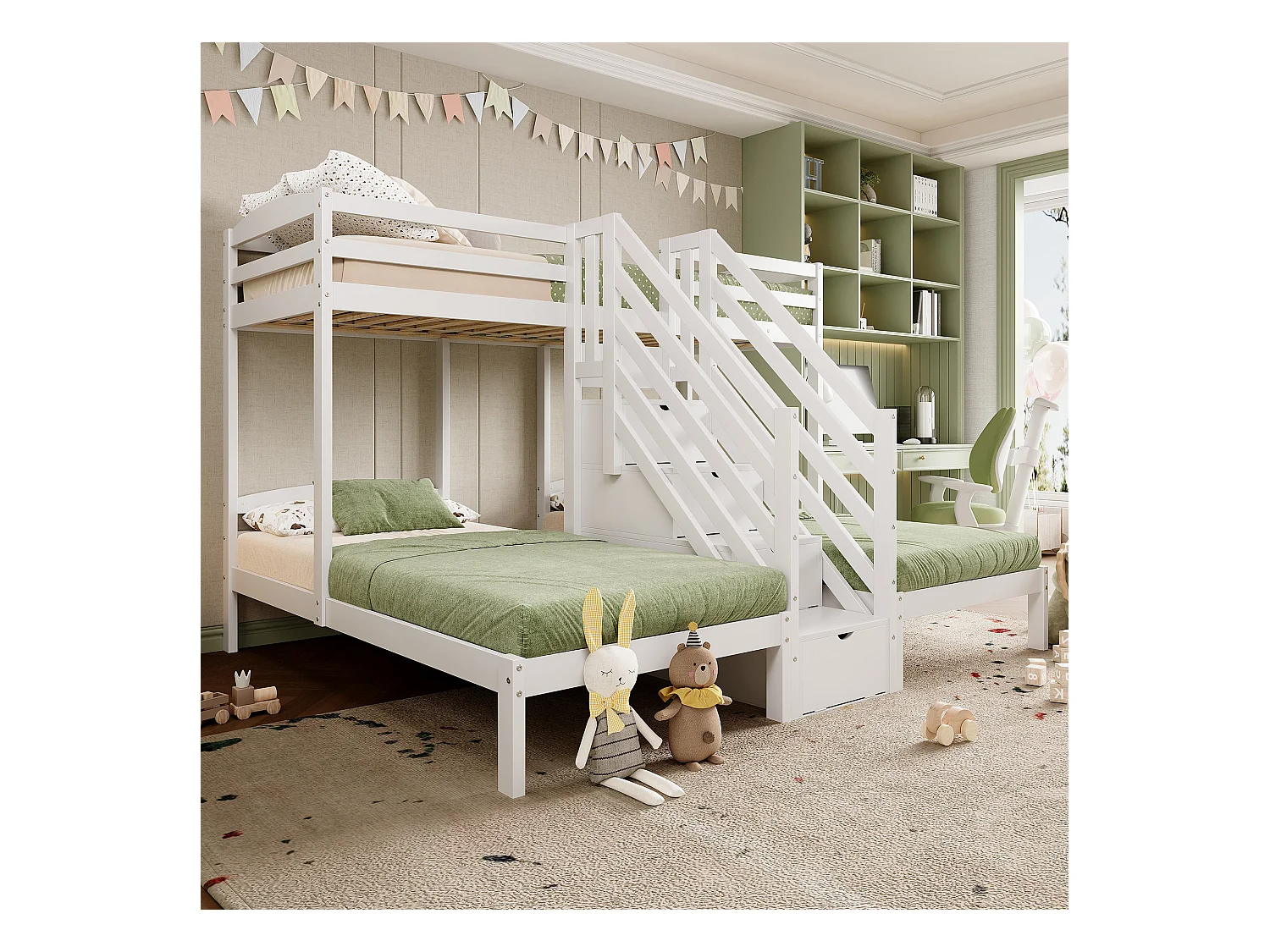 Łóżko piętrowe 90x200 cm - 3 miejsca do spania - schody z miejscem do przechowywania - z 4 szufladami - z barierką - biały