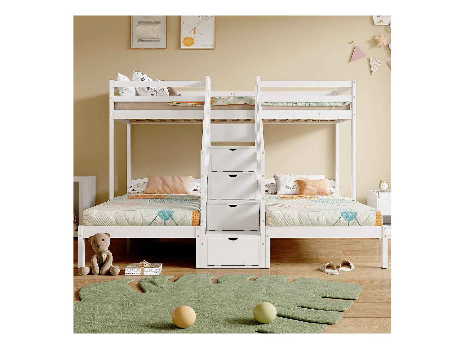 Łóżko piętrowe 90x200 cm - 3 miejsca do spania - schody z miejscem do przechowywania - z 4 szufladami - z barierką - biały