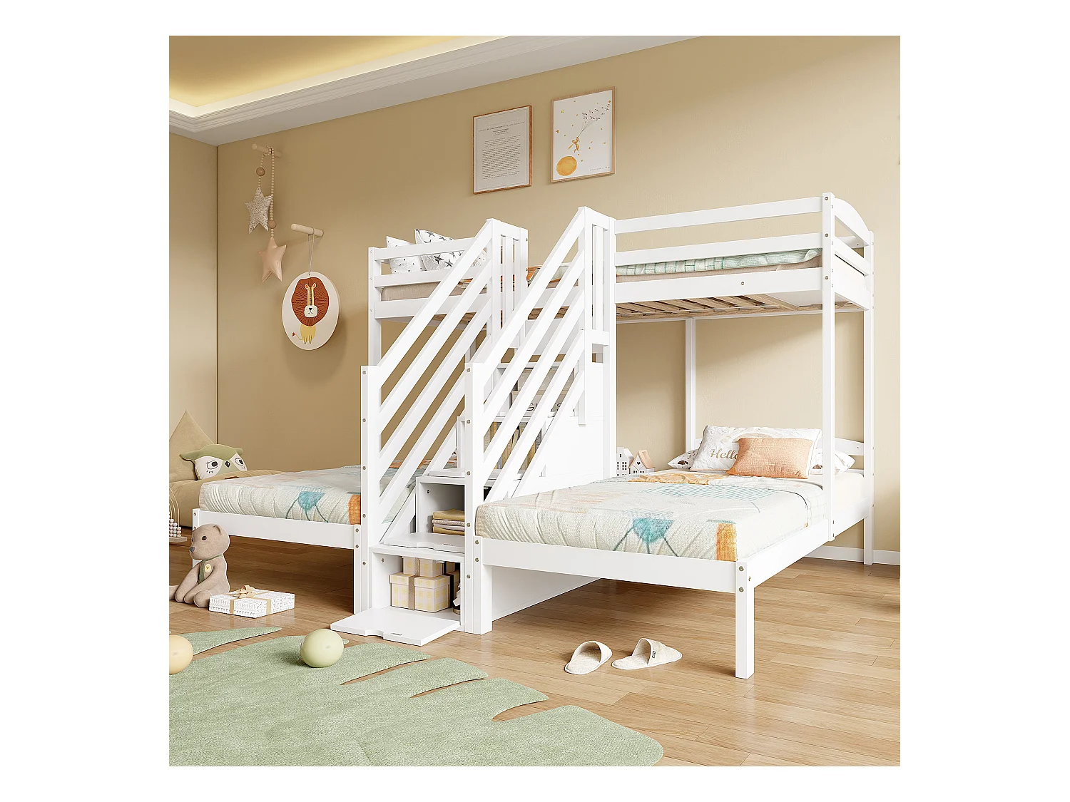 Łóżko piętrowe 90x200 cm - 3 miejsca do spania - schody z miejscem do przechowywania - z 4 szufladami - z barierką - biały
