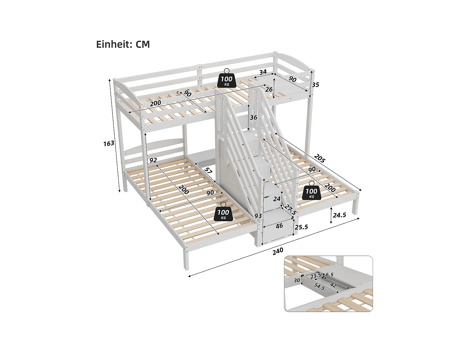 Łóżko piętrowe 90x200 cm - 3 miejsca do spania - schody z miejscem do przechowywania - z 4 szufladami - z barierką - biały