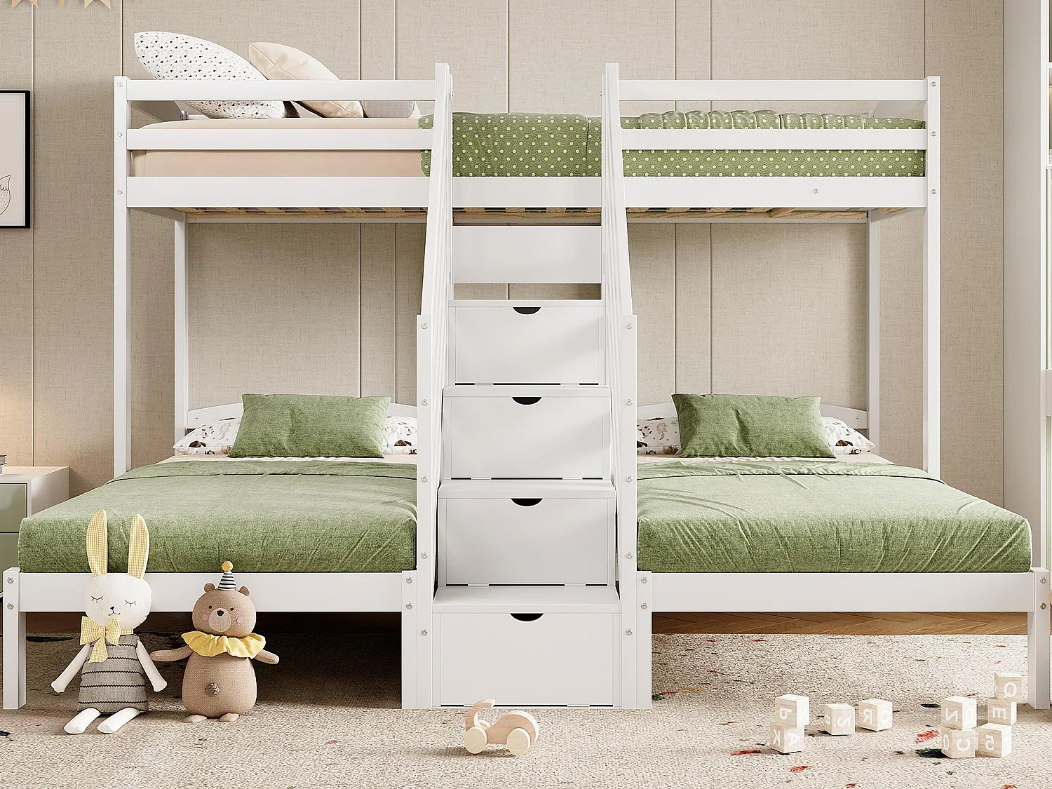 Letto a castello 90x200 cm - 3 posti - scala con ripostiglio - con 4 cassetti - con spondine - bianco