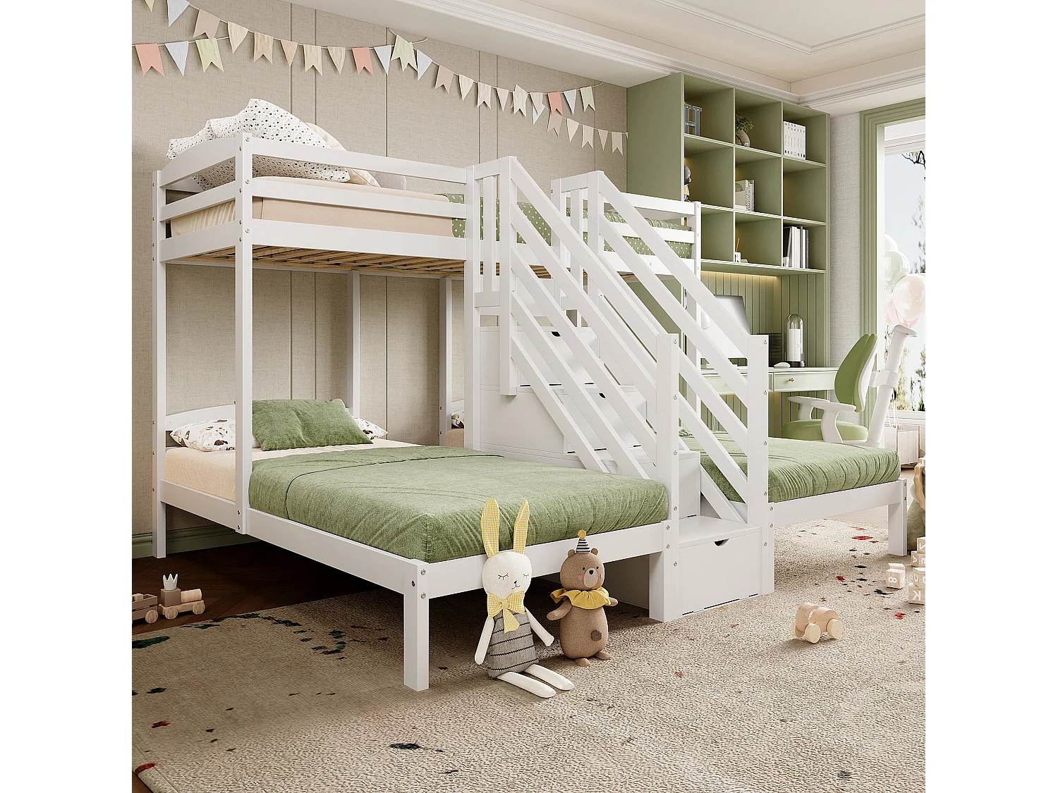 Letto a castello 90x200 cm - 3 posti - scala con ripostiglio - con 4 cassetti - con spondine - bianco