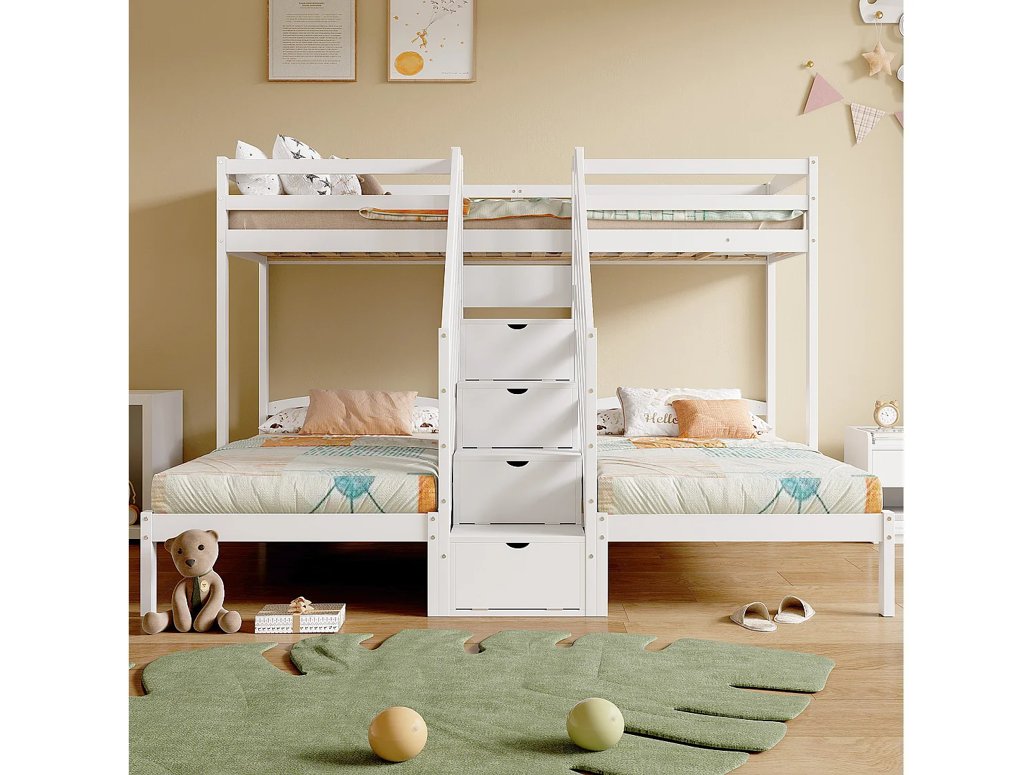 Letto a castello 90x200 cm - 3 posti - scala con ripostiglio - con 4 cassetti - con spondine - bianco