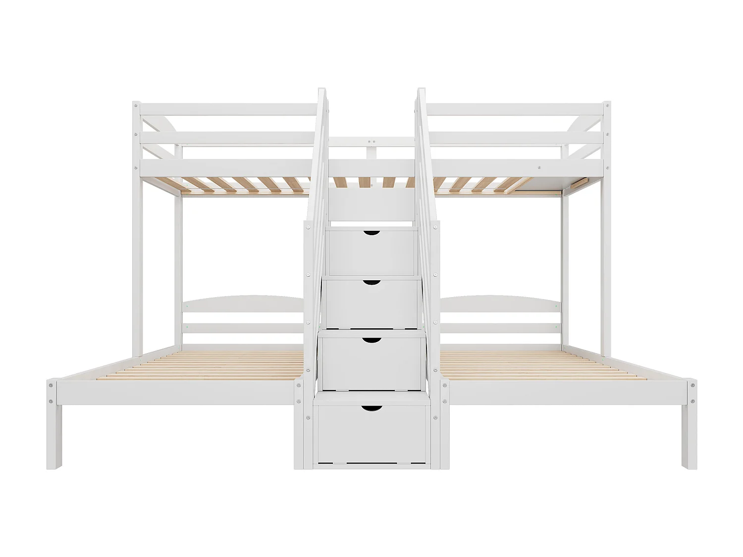 Letto a castello 90x200 cm - 3 posti - scala con ripostiglio - con 4 cassetti - con spondine - bianco