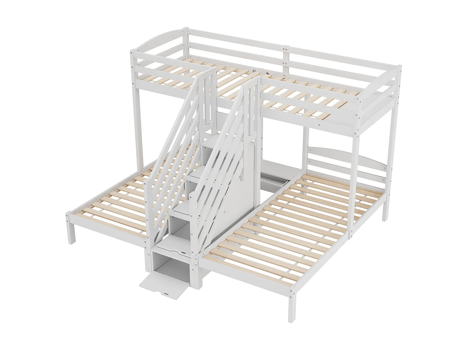 Letto a castello 90x200 cm - 3 posti - scala con ripostiglio - con 4 cassetti - con spondine - bianco