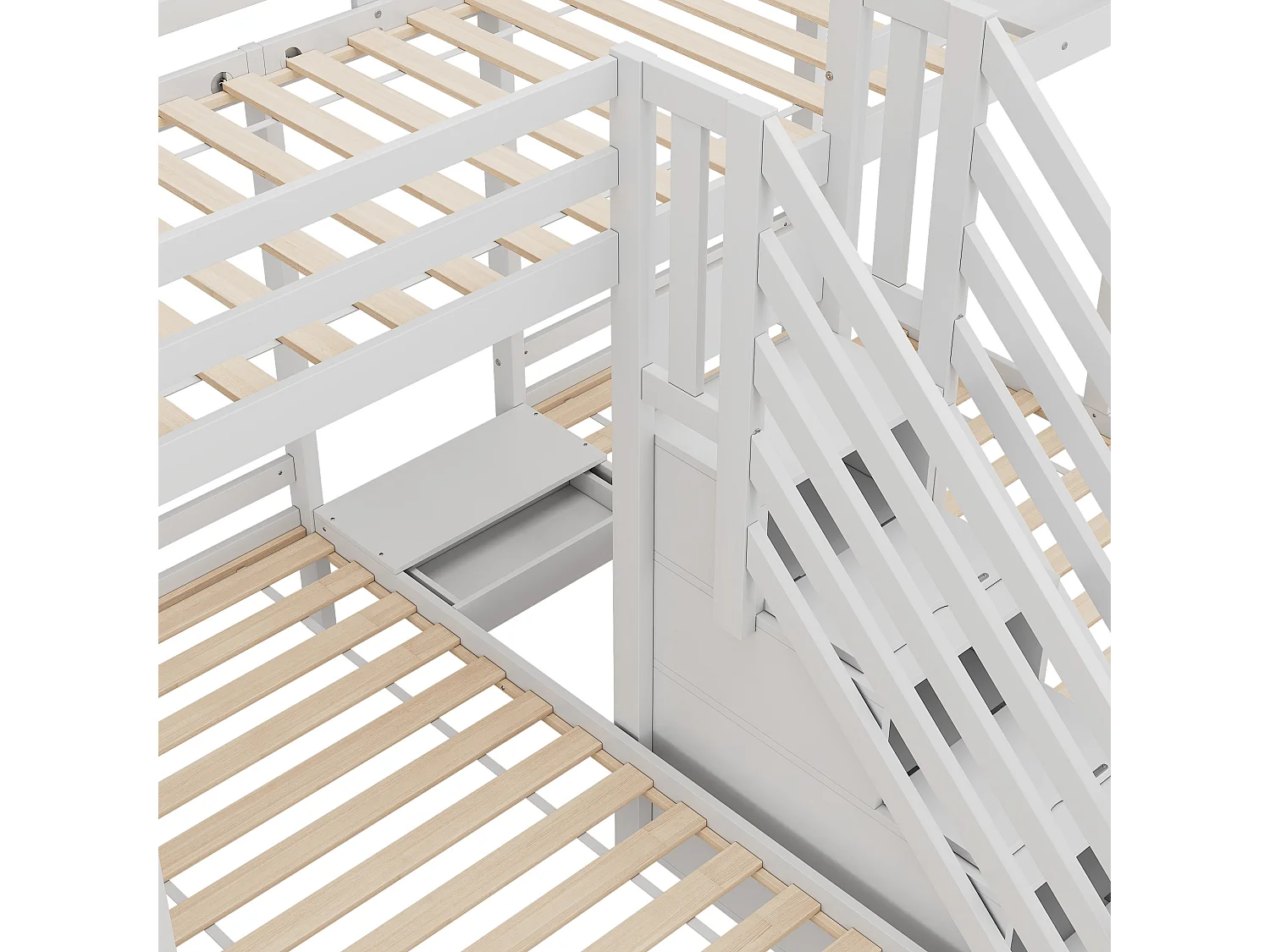 Letto a castello 90x200 cm - 3 posti - scala con ripostiglio - con 4 cassetti - con spondine - bianco