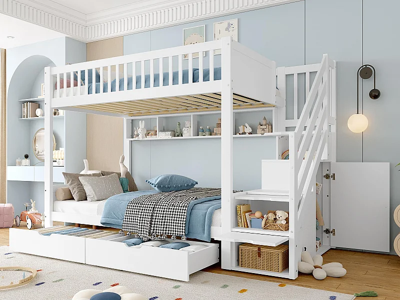 Kinder stapelbed 90x200 cm - met 2 lades - met planken + kast - met opbergvakken - wit