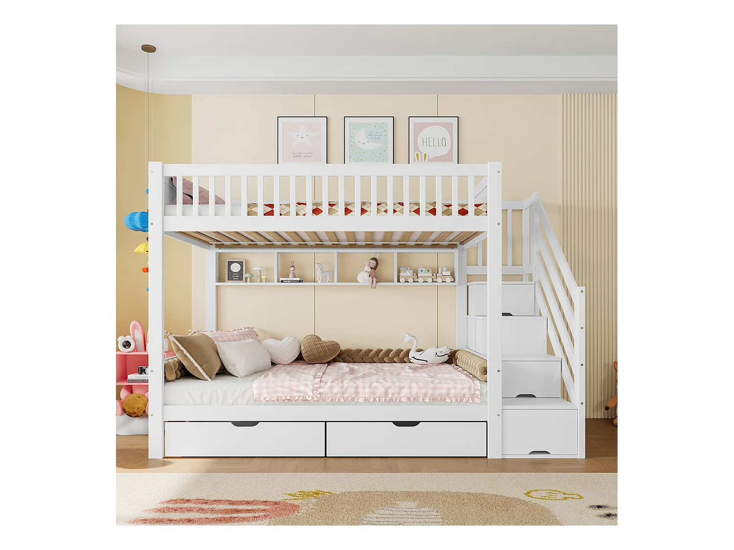 Lit superposé pour enfant 90x200cm - avec 2 tiroirs - avec étagères + penderie - avec compartiments de rangement - blanc