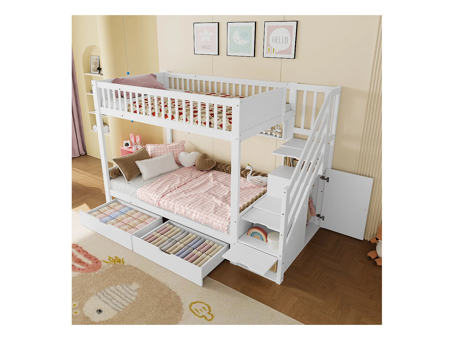 Lit superposé pour enfant 90x200cm - avec 2 tiroirs - avec étagères + penderie - avec compartiments de rangement - blanc