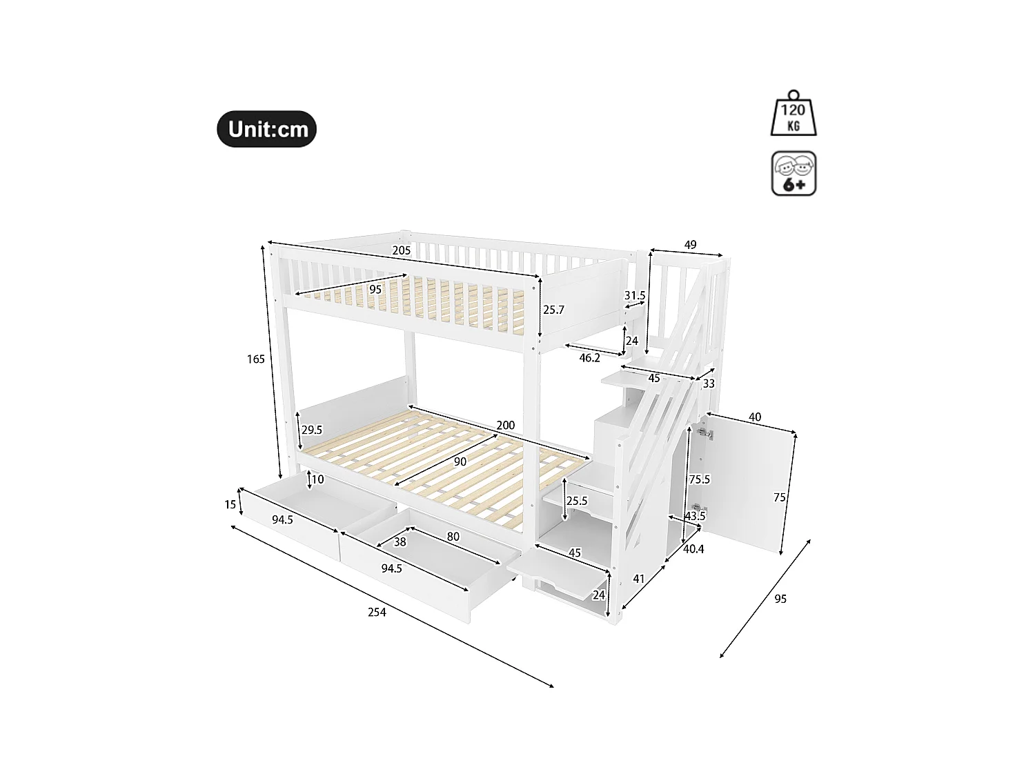 Lit superposé pour enfant 90x200cm - avec 2 tiroirs - avec étagères + penderie - avec compartiments de rangement - blanc