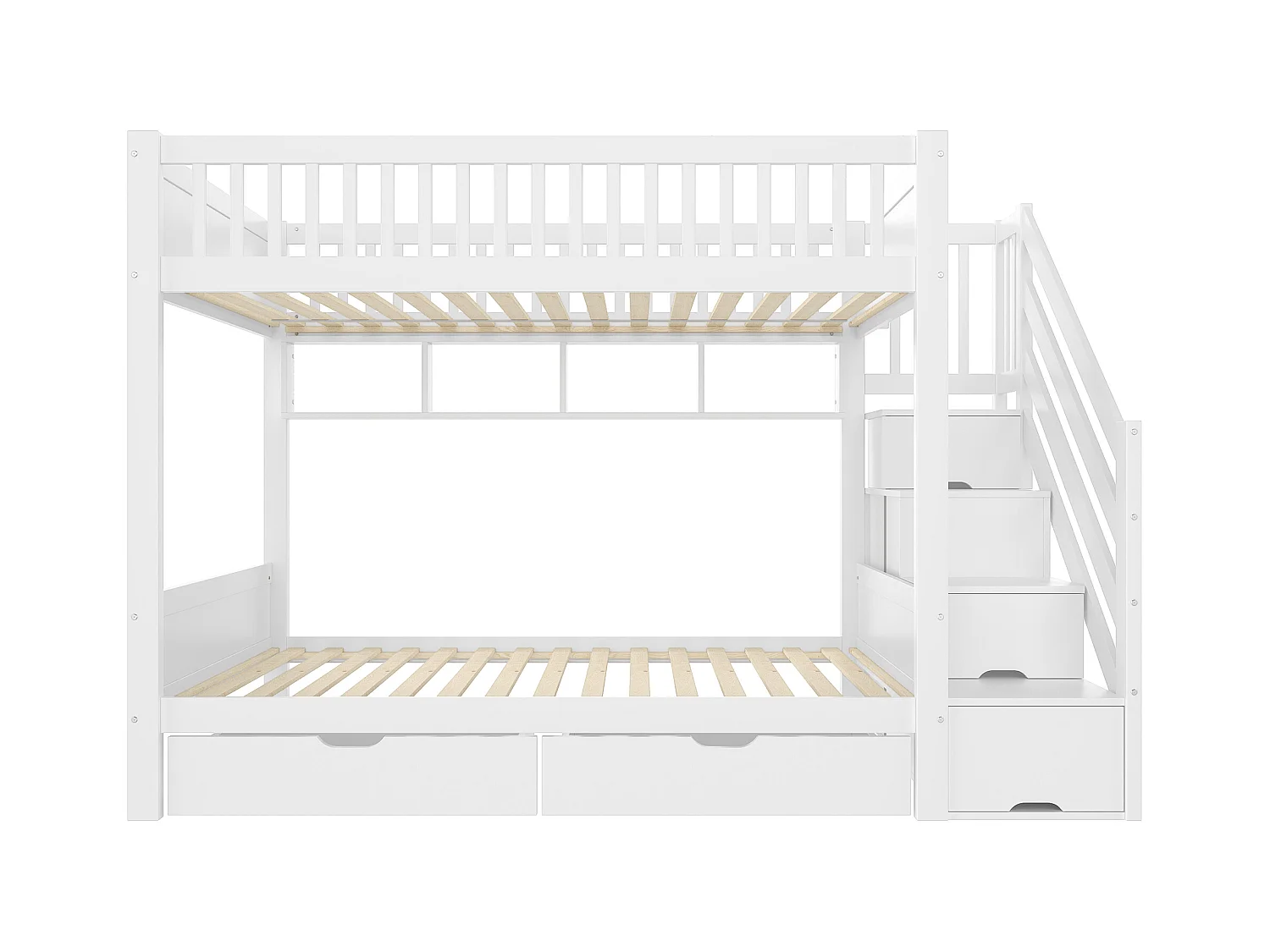Lit superposé pour enfant 90x200cm - avec 2 tiroirs - avec étagères + penderie - avec compartiments de rangement - blanc