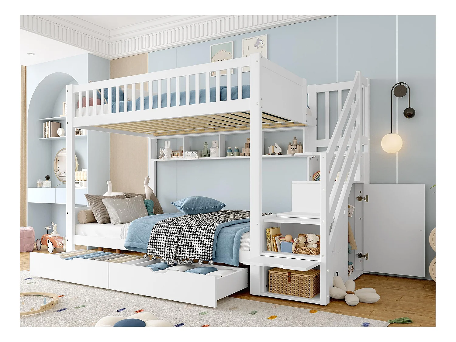 Kinder-Etagenbett 90x200 cm - mit 2 Schubladen - mit Regalen + Kleiderschrank - mit Aufbewahrungsfächern - weiß