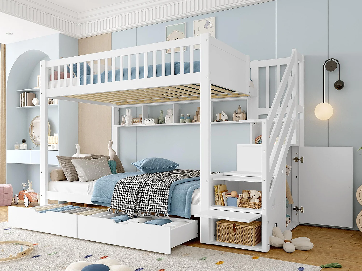 Kinder-Etagenbett 90x200 cm - mit 2 Schubladen - mit Regalen + Kleiderschrank - mit Aufbewahrungsfächern - weiß