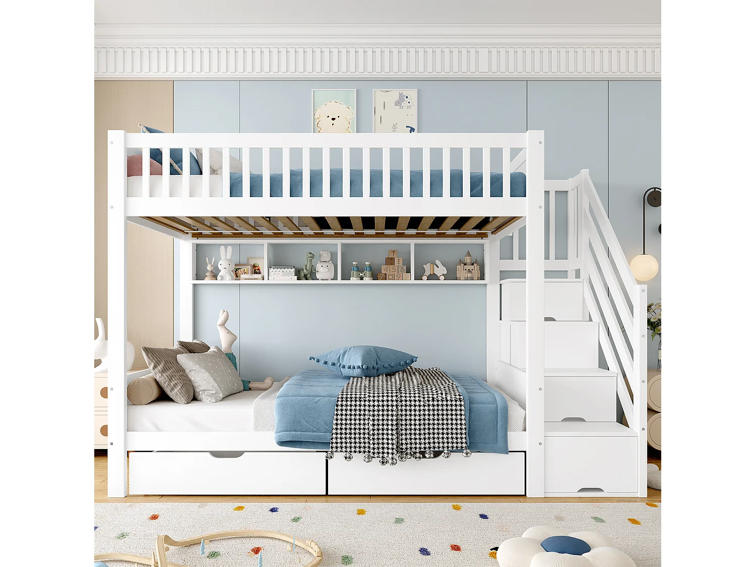 Kinder-Etagenbett 90x200 cm - mit 2 Schubladen - mit Regalen + Kleiderschrank - mit Aufbewahrungsfächern - weiß