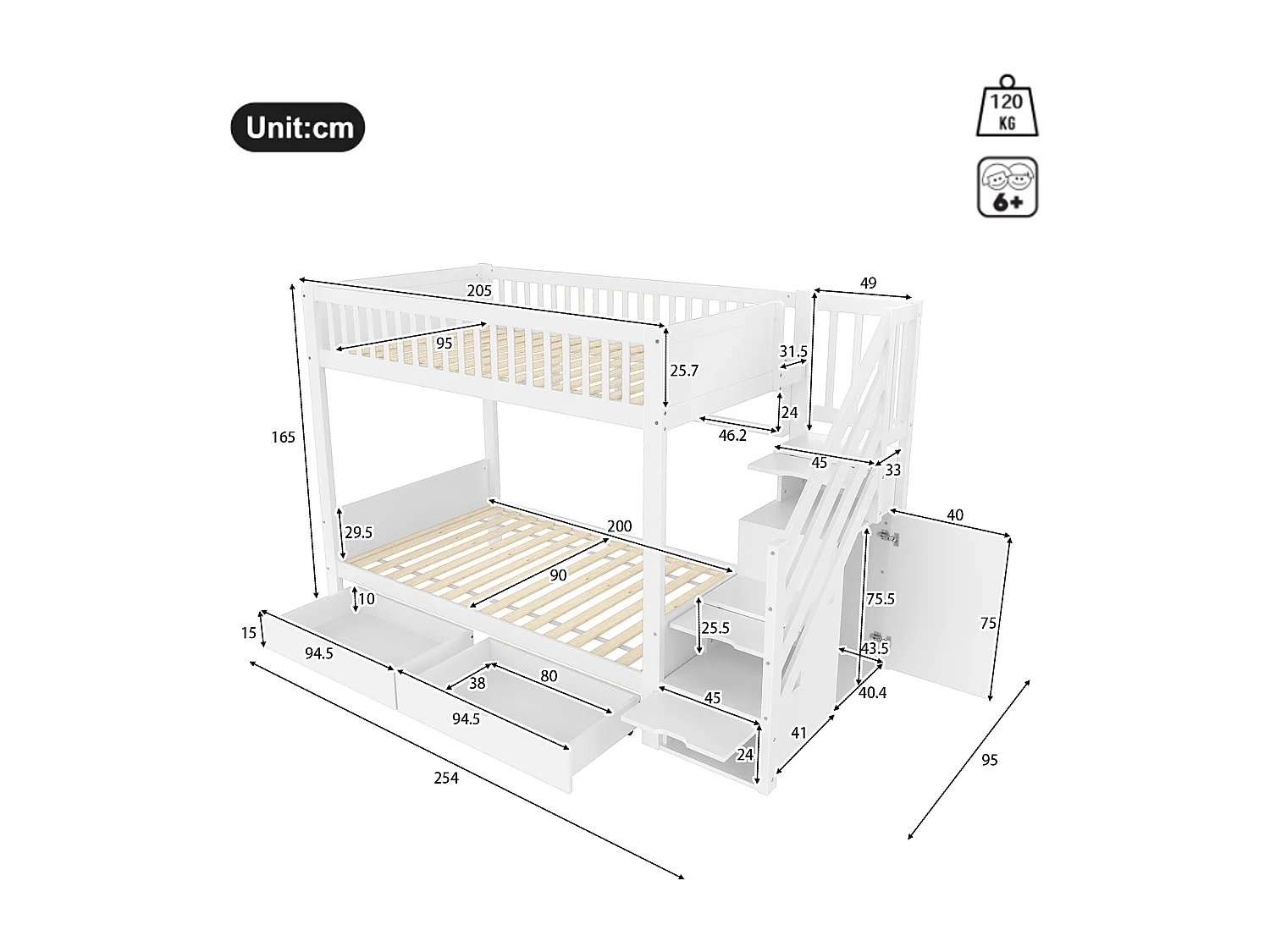 Kinder-Etagenbett 90x200 cm - mit 2 Schubladen - mit Regalen + Kleiderschrank - mit Aufbewahrungsfächern - weiß