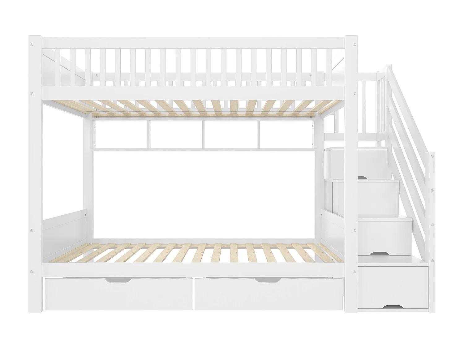 Kinder-Etagenbett 90x200 cm - mit 2 Schubladen - mit Regalen + Kleiderschrank - mit Aufbewahrungsfächern - weiß