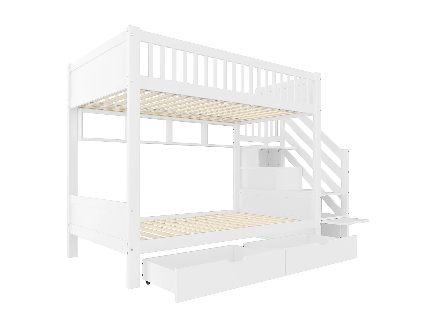 Kinder-Etagenbett 90x200 cm - mit 2 Schubladen - mit Regalen + Kleiderschrank - mit Aufbewahrungsfächern - weiß