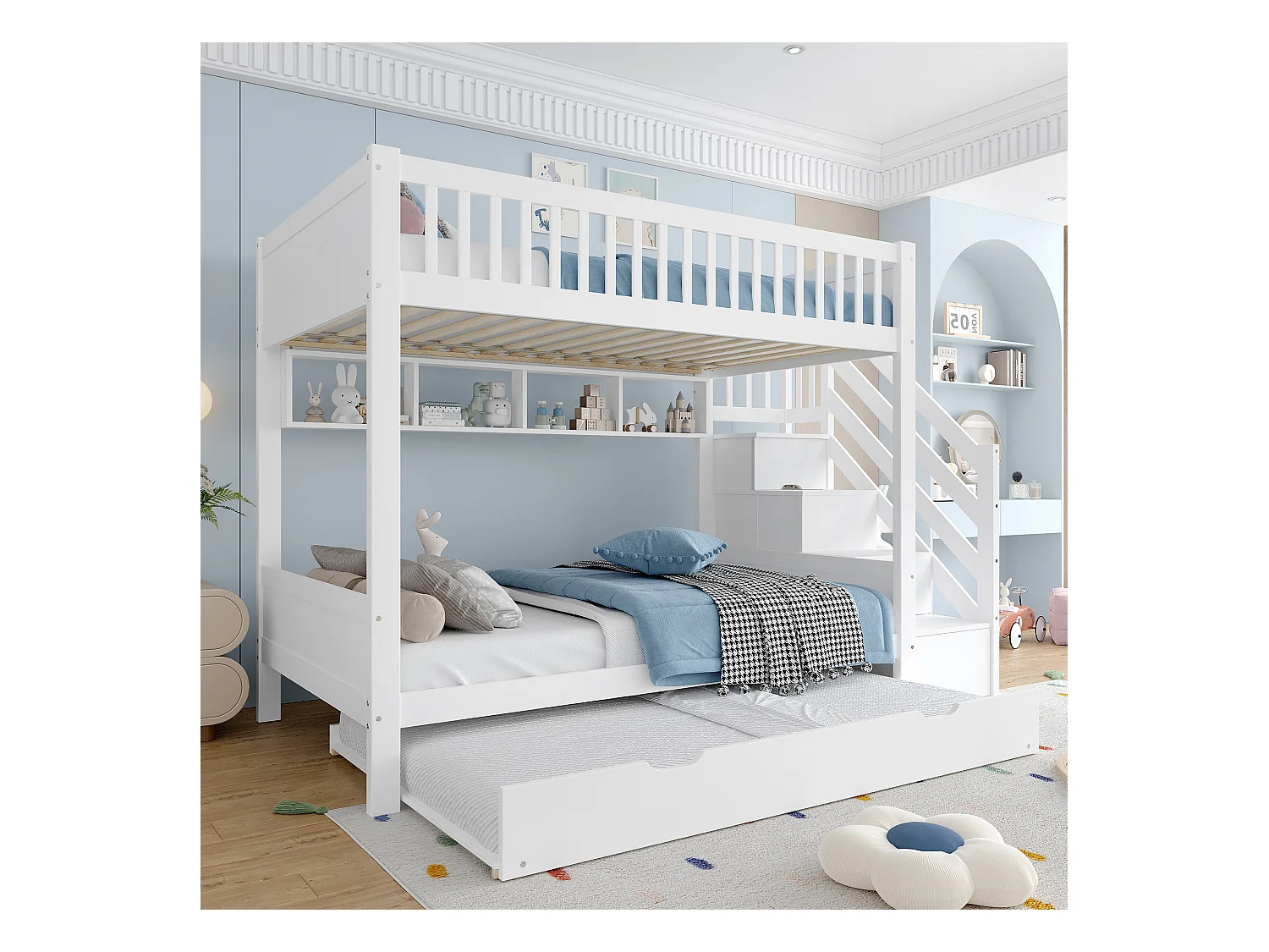 Beliche infantil 90x200 cm - com cama articulada - com prateleiras + guarda-roupa - com compartimentos de arrumação - branco