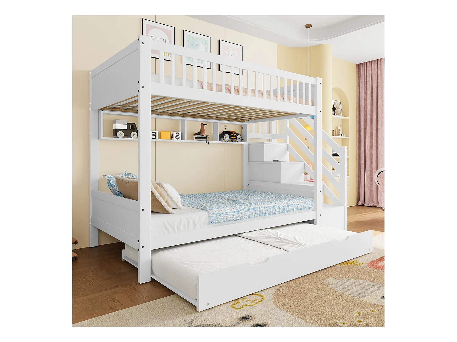 Beliche infantil 90x200 cm - com cama articulada - com prateleiras + guarda-roupa - com compartimentos de arrumação - branco