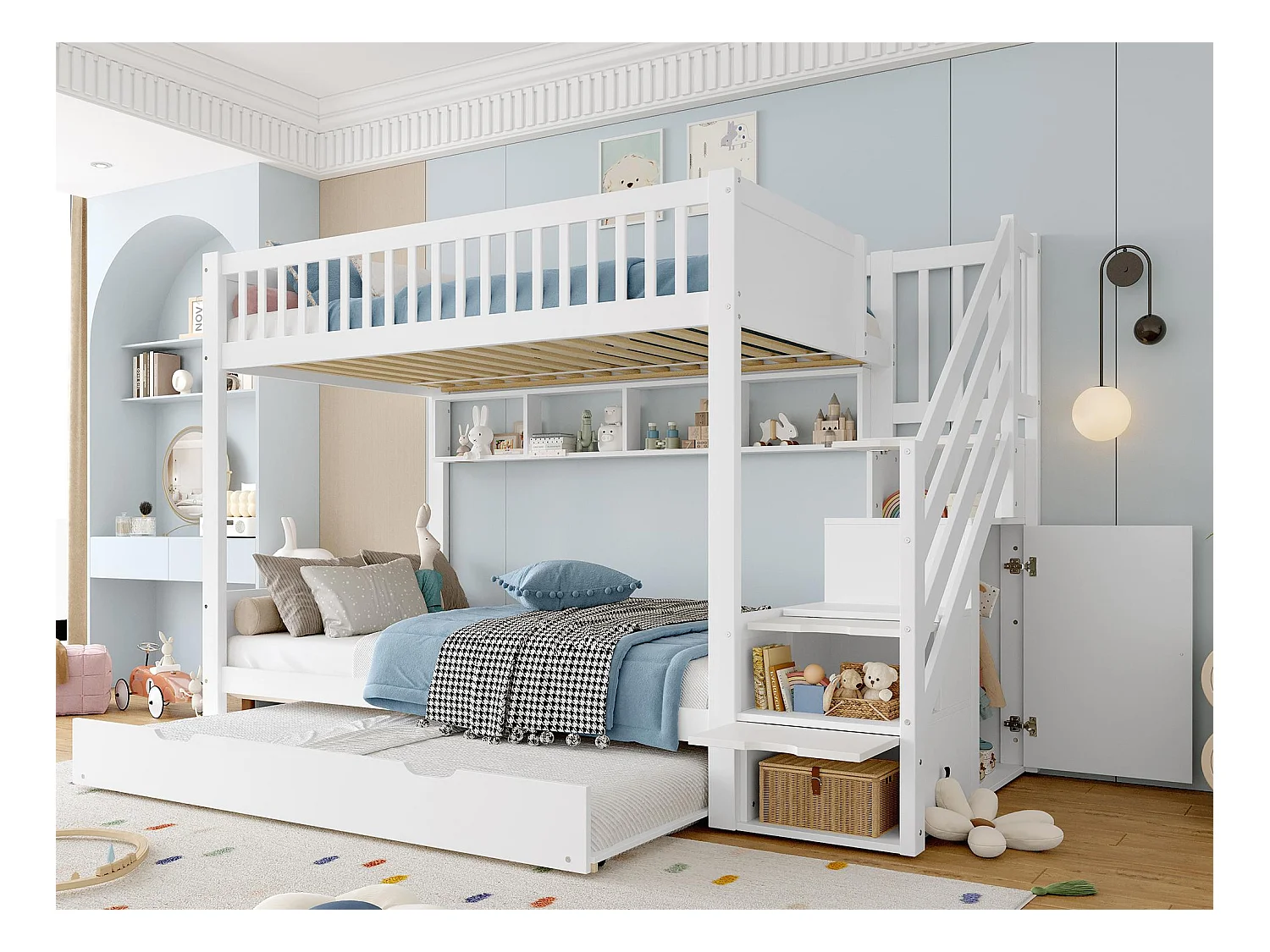 Lit superposé pour enfant 90x200cm - avec lit gigogne - avec étagères + avec penderie - avec compartiments de rangement - blanc