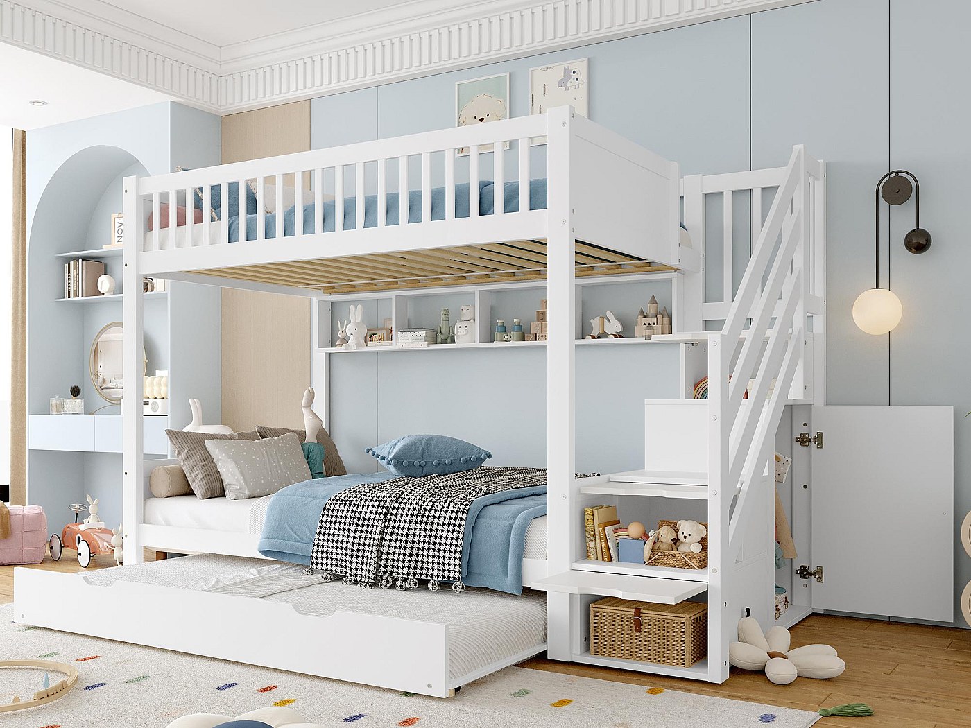 Lit superposé pour enfant 90x200cm - avec lit gigogne - avec étagères ...
