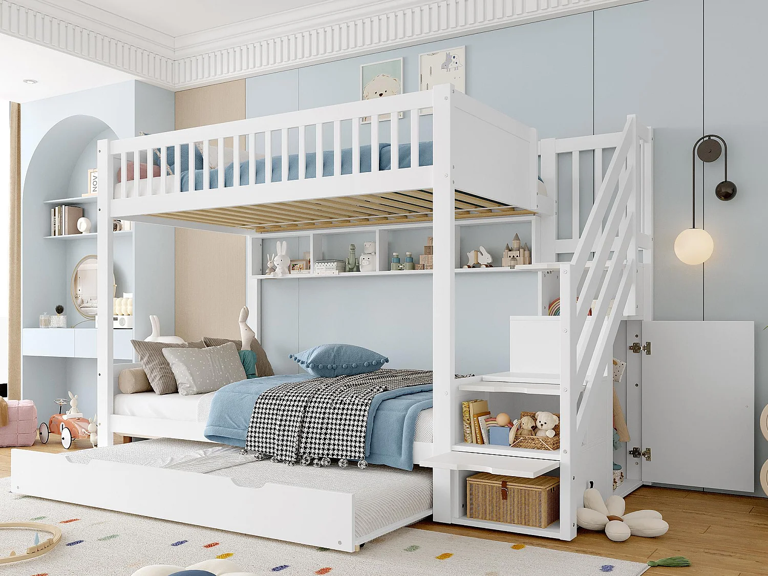 Lit superposé pour enfant 90x200cm - avec lit gigogne - avec étagères + avec penderie - avec compartiments de rangement - blanc