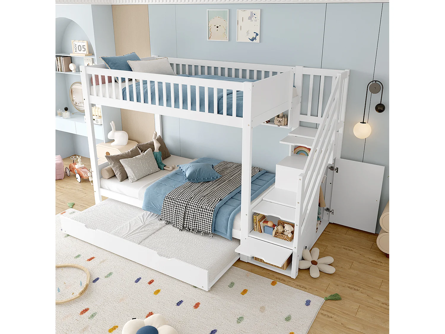 Lit superposé pour enfant 90x200cm - avec lit gigogne - avec étagères + avec penderie - avec compartiments de rangement - blanc