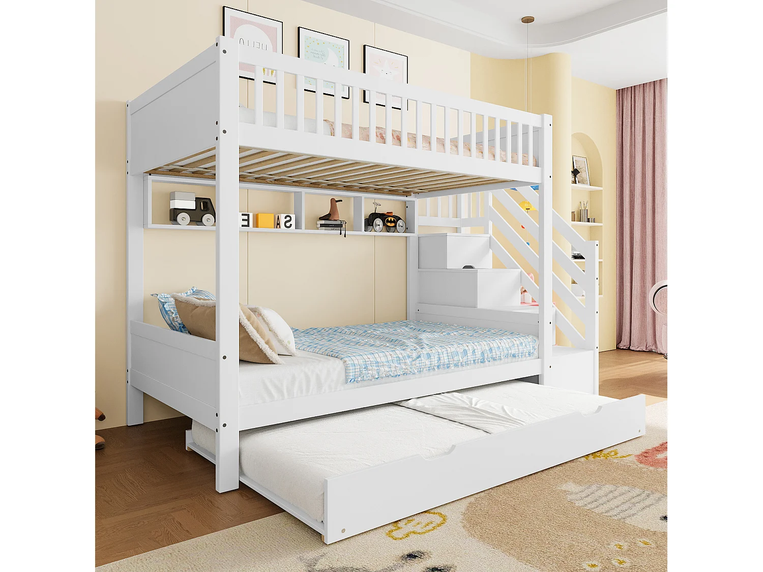 Lit superposé pour enfant 90x200cm - avec lit gigogne - avec étagères + avec penderie - avec compartiments de rangement - blanc