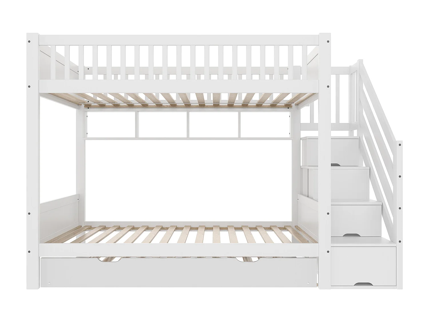 Lit superposé pour enfant 90x200cm - avec lit gigogne - avec étagères + avec penderie - avec compartiments de rangement - blanc