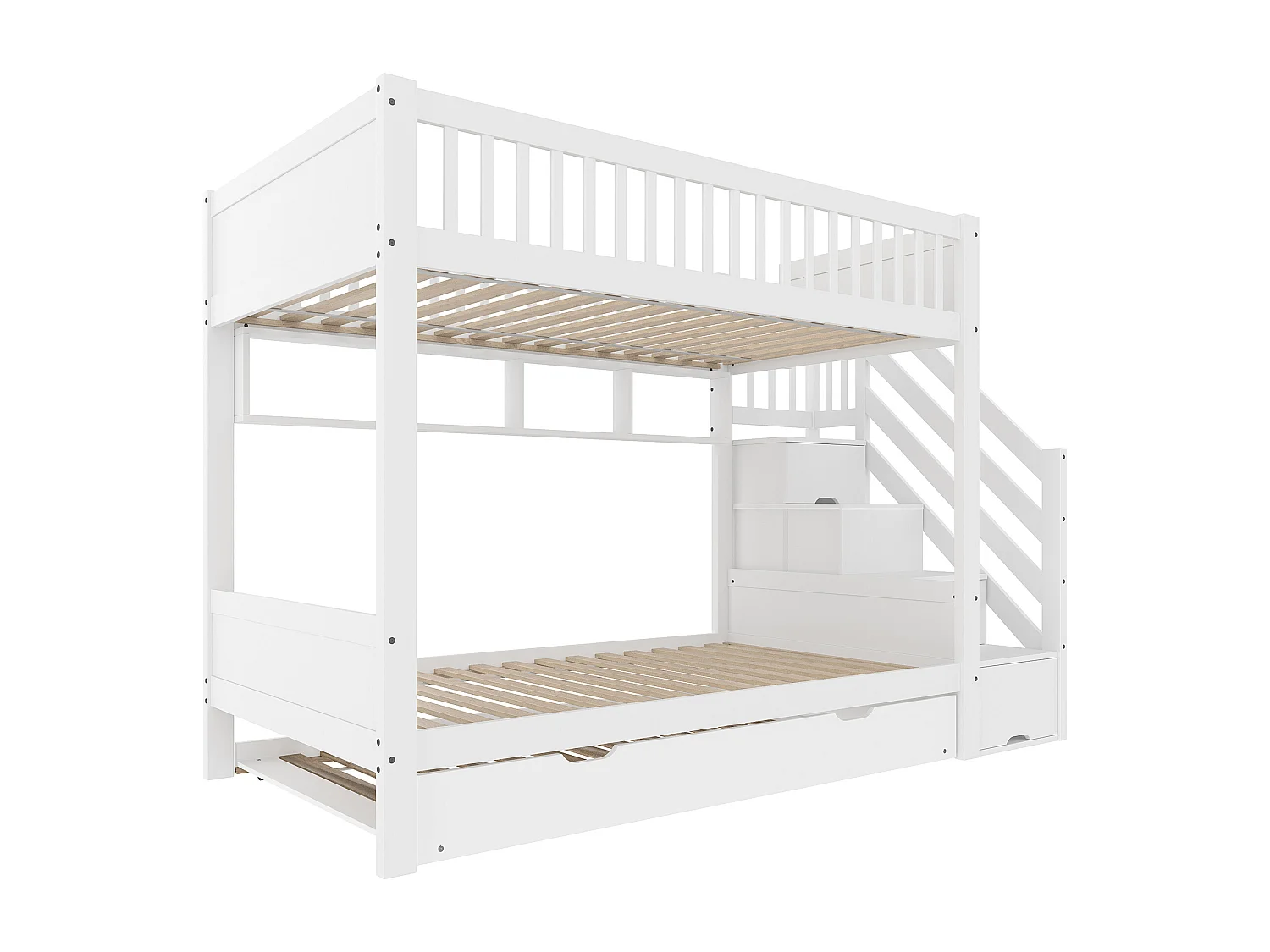 Lit superposé pour enfant 90x200cm - avec lit gigogne - avec étagères + avec penderie - avec compartiments de rangement - blanc