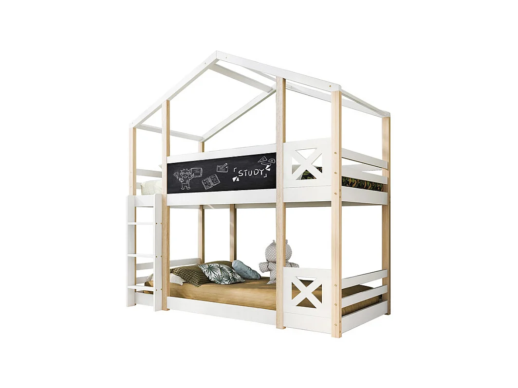 Lits superposés cabane 2x90x200cm - avec tableau de dessin - charge max 120kg - Pin - Nature et blanc