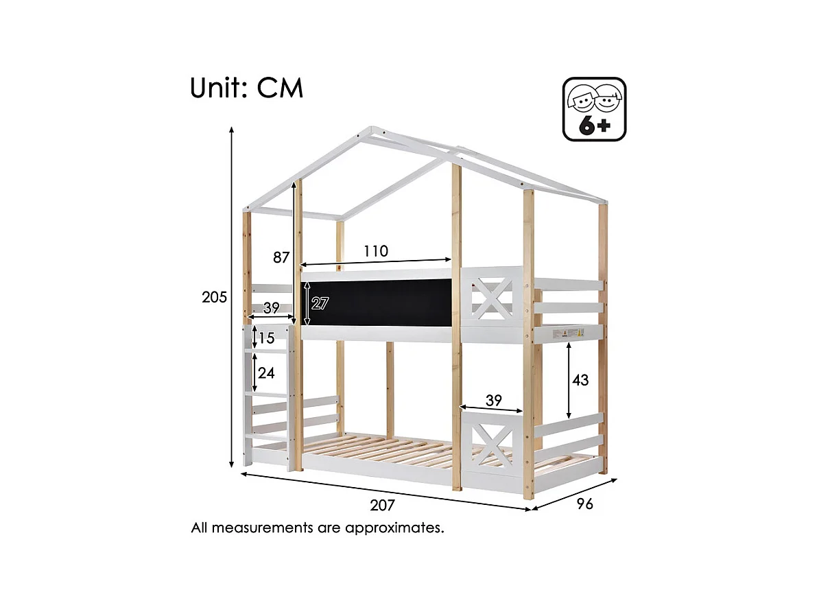 Lits superposés cabane 2x90x200cm - avec tableau de dessin - charge max 120kg - Pin - Nature et blanc